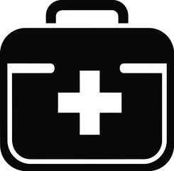 Simple black and white icon depicting a medical first aid kit