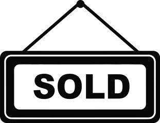 A simple black and white illustration of a hanging sold sign
