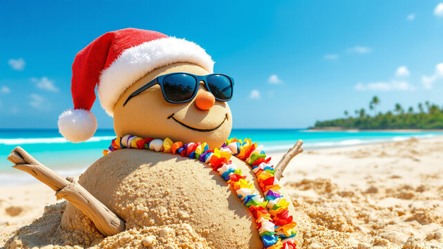 Sandy snowman wearing Santa hat and sunglasses with flower lei on a sunny tropical beach