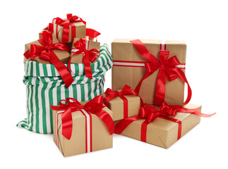 Fototapeta premium Santa Claus bag with Christmas gifts isolated on white