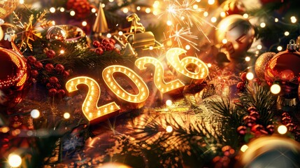 2026: A dazzling celebration awaits. Illuminated numerals sparkle among festive ornaments, hinting at a joyous and hopeful new year. Cheers!