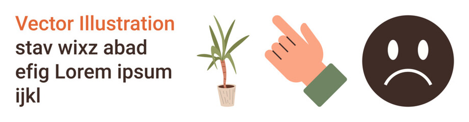 Naklejka premium Emotional expression, human interaction, nonverbal communication, negativity, plant symbol, contemplation. A hand points toward a sad face with a potted plant nearby. Emotional expression and human