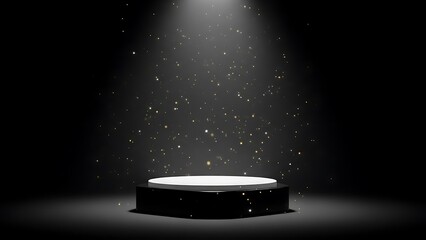 Spotlight illuminating a circular stage with floating particles in a dark room
