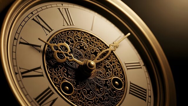 Close up shot of an ornate clock face with roman numerals and intricate gold detailing design pattern