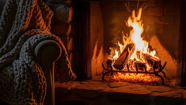 A cozy armchair with a thick blanket next to a burning fireplace with logs and glowing embers inside - Powered by Adobe