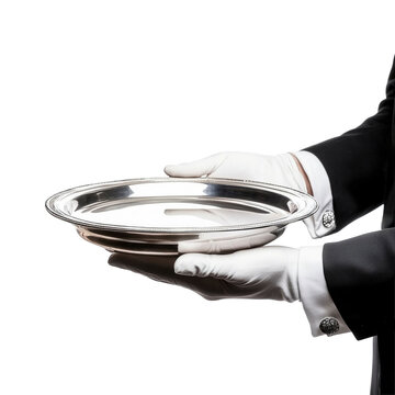 H&auml;nde eines Butlers halten ein ein leeres silbernes Tablett in den H&auml;nden, freigestellt vor transparentem Hintergrund, Generative AI