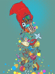 Pop Art Retro Presents fall out of Santa's sack. Christmas and New Year's gifts, Santa Claus toys. A surprise for children.