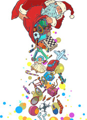Pop Art Retro Presents fall from Santa's sack. Christmas and New Year's gifts from Santa Claus. Special offers for customers during the holidays.