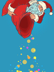 Pop Art Retro Presents fall from Santa's sack. Christmas and New Year's gifts from Santa Claus. Special offers for customers during the holidays.
