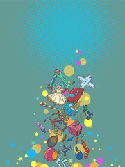 Pop Art Retro Lots of toys for kids. Christmas and New Year's gifts, Santa Claus toys. Gift shopping during the December holidays.