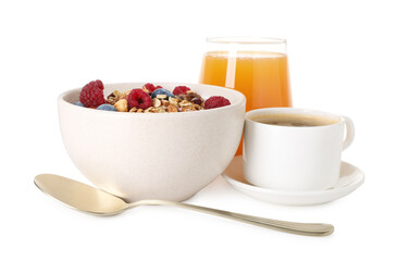 Healthy breakfast. Oatmeal with nuts, berries, coffee and juice isolated on white