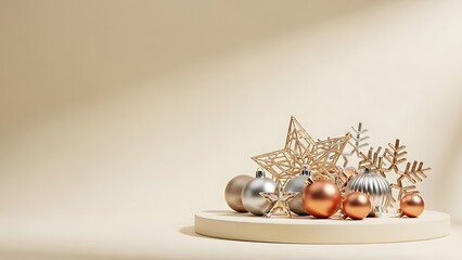 Elegant christmas ornaments on a round platform with soft lighting