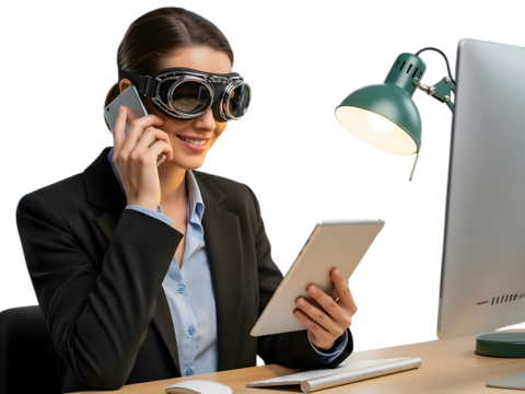 Woman in goggles multitasking with phone and tablet at desk.