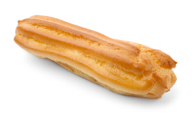One tasty eclair isolated on white. Delicious dessert