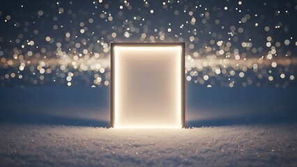 Mysterious glowing doorway in a dark landscape with bokeh lights
