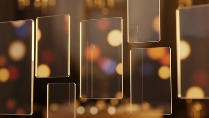 Abstract glass panels reflecting bokeh lights in a warm toned environment