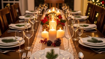 A festive dining table set with candles, wine glasses, and elegant tableware for a special occasion