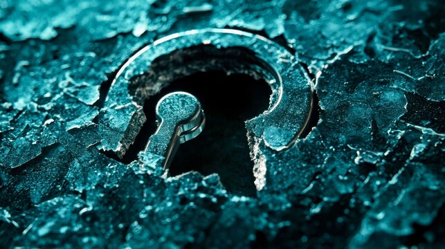 Detailed view of a keyhole surrounded by aged and cracked metallic surface highlighting themes of mystery and security in an abstract art style