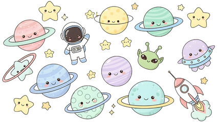 Kawaii Breakfast Characters &ndash; Cartoon Toast, Egg, Croissant, and Juice Box with Smiling Faces