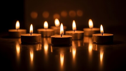 A group of lit tea lights casting reflections on a dark surface creating a warm and inviting glow