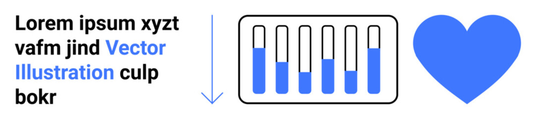 Text next to an arrow pointing to rising bar chart and blue heart. Ideal for health, progress, monitoring, teamwork, analytics, wellness, simple landing page
