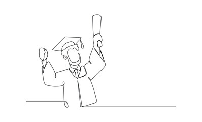 Continuous line drawing of a person wearing a graduation cap and gown, holding a diploma and raising a hand in celebration. Ideal for academic achievement and graduation themes