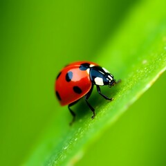 Naklejka premium Ladybug resting on a green leaf in a garden close-up view