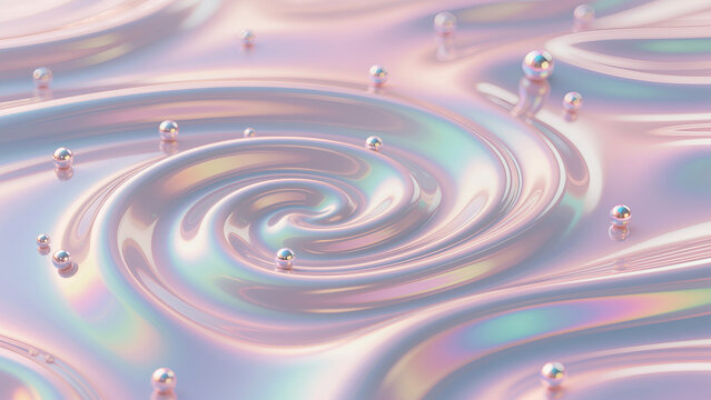 Holographic liquid swirl background with metallic spheres in pastel pink tones