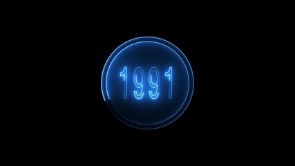 Since 1991 neon line text. Abstract 1991 neon text animation ,For neon color Glowing neon number text background 4k video animation with neon circle animation.