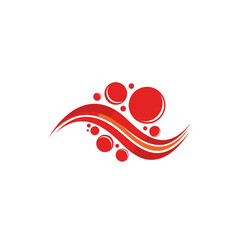 Abstract red and orange wavy lines with various sized circles creating a dynamic and flowing design.