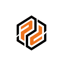 A modern logo featuring the intertwined letters 'PD' within a hexagonal frame, in orange and black.