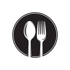 A simple black and white graphic icon of a spoon and fork inside a circle.
