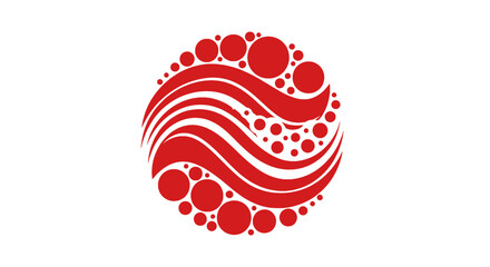 Abstract circular design featuring swirling red lines and a pattern of red circles of varying sizes.