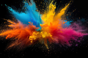 Naklejka premium Colorful explosion of powder creates vibrant patterns against dark background in artistic display during festival celebration