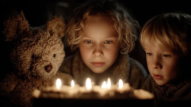 Young children gather in the dim light of flickering candles with a teddy bear, creating a cozy, heartwarming, and magical atmosphere. - Powered by Adobe