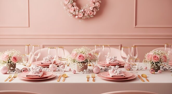 Elegant pink table setting with floral centerpieces and delicate decorations for a celebration - Powered by Adobe
