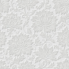 3d embossed elegant damask seamless pattern with intricate white volumetric baroque style relief scrolls and swirls. Emboss 3D effect light gray background . Ideal for luxury decor and textile print.