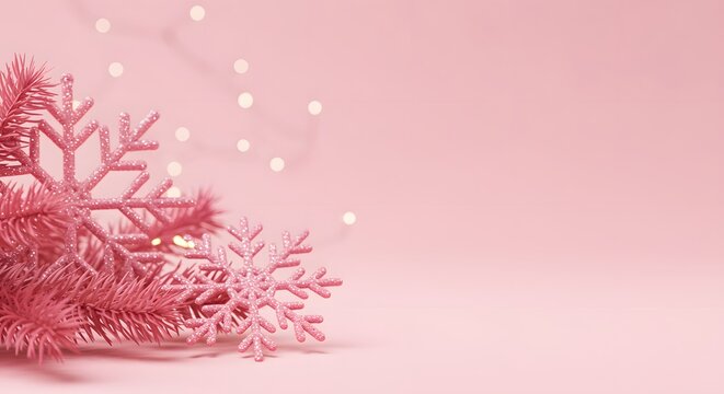 Delicate rose gold christmas tree branches adorned with glittering snowflakes and soft bokeh lights