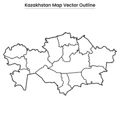 Kazakhstan Map Vector Outline Country Border, Regions, Editable Line Art