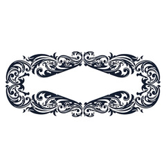 Ornate black and white frame with floral and scroll details for decorative design projects and invitations on transparent background