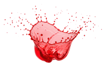 Vibrant, glossy red liquid splash frozen mid-air, starburst-like motion, scattering spherical droplets against a transparent background, concept for dynamic product advertising