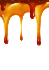 Golden-brown, highly viscous, glossy caramel sauce dripping in undulating streaks on a pristine transparent background with ample copy space, showcasing rich texture and brilliant sheen. Concept of