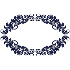 Oval frame with ornate floral designs in dark blue creating a decorative border on a white background on transparent background