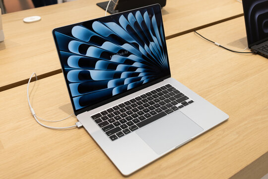 Apple MacBook Air Laptop computer at an Apple Store. The Apple MacBook Air is lighter and more portable than a MacBook.
