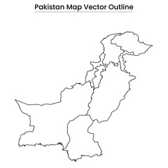 Pakistan Map Vector Outline Country Border, Provinces, Editable Line Art