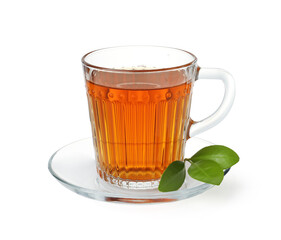 Cup of hot tea and green leaves isolated on white