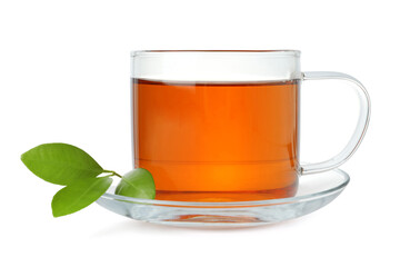 Cup of hot tea and green leaves isolated on white