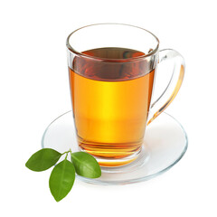 Cup of hot tea and green leaves isolated on white