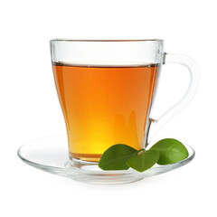 Cup of hot tea and green leaves isolated on white