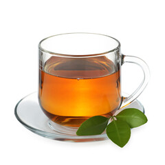 Cup of hot tea and green leaves isolated on white